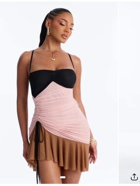 Fashion Nova Black, Blush & Brown Asymmetrical Mesh Mini